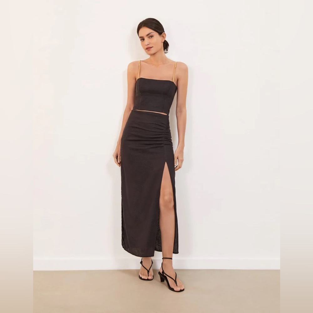 Vix Paula Hermanny Womens Front Slit Maxi Skirt Black Linen Blend Sz 6 Clara NWT